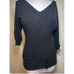 Black V-Neck Textured Chevron Knit Dolman Sleeve Sweater Top with Button Detail